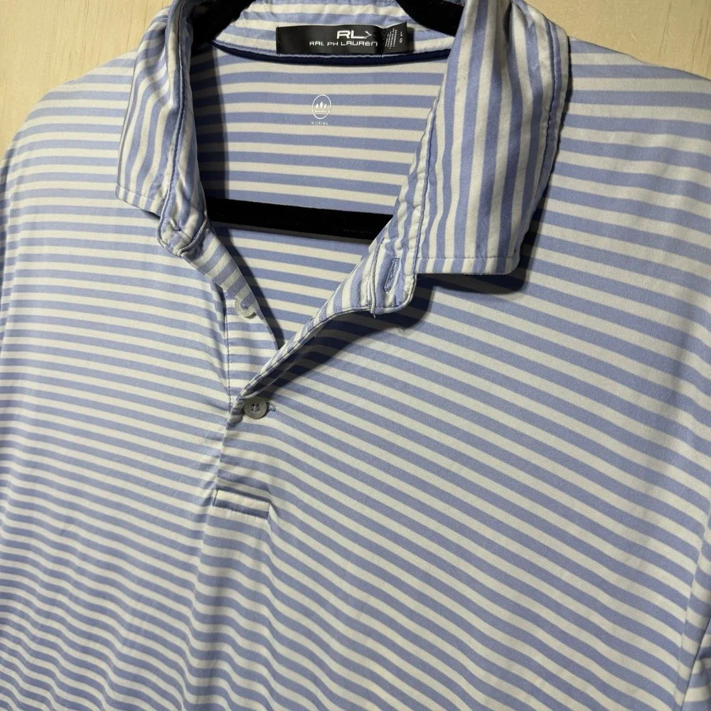 RL Ralph Lauren‎ Polo Shirt Mens L Blue White Striped Golf Stretch Performance